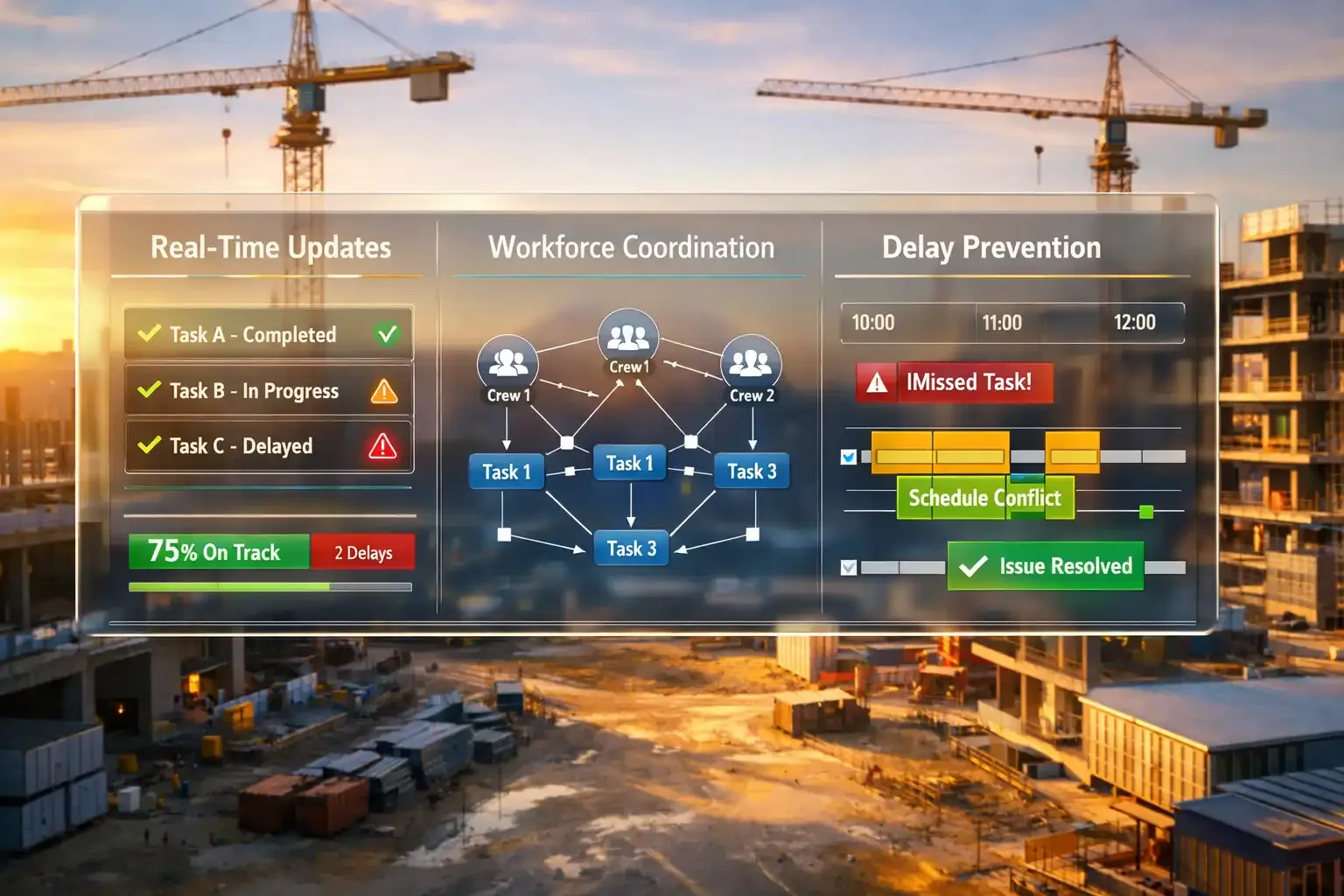 Construction site with digital dashboard showing real-time scheduling insights